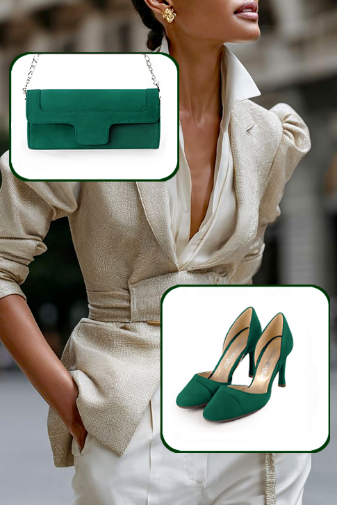 Dress pumps open arch in emerald green leather with high slim heels and round toe - Worn view